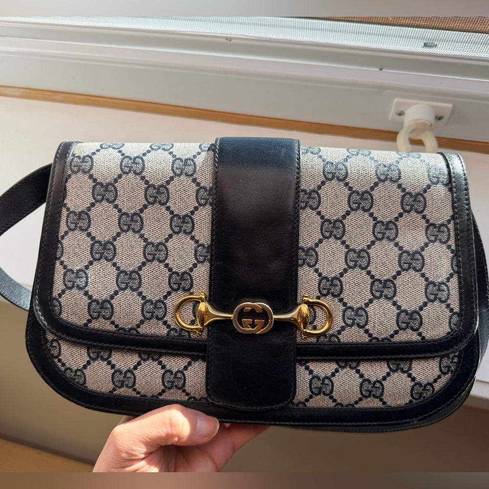 Vintage Gucci Shoulder Bag w Horsebit detail Navy and Gold
